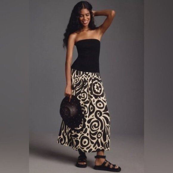The Wolf Gang Alyss Strapless Twofer Maxi Dress Noir Geo Black/Cream Linen L - Picture 1 of 10